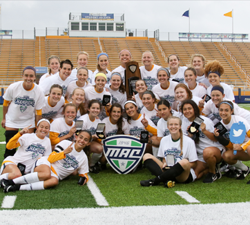 UT Women’s soccer team photo celebrating MAC championship.